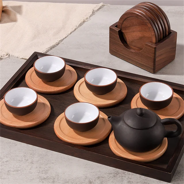 Set de Portavasos de Madera Nogal | Diseño Minimalista y Elegante (6 piezas)