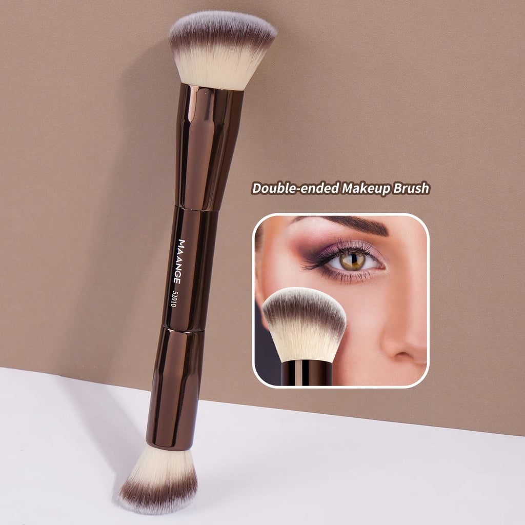 MAANGE Juego de 7 Brochas de Maquillaje Profesionales | Para Base, Polvos, Rubor, Contorno, Con Doble Punta, Color Marrón Café, Acabado Suave y Preciso