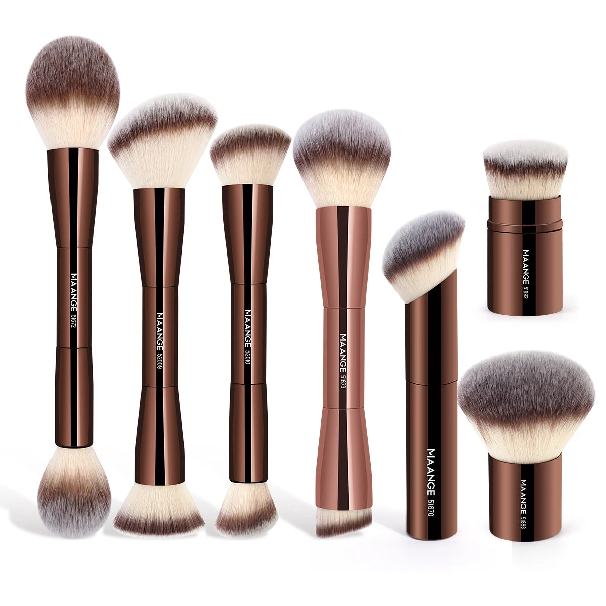 MAANGE Juego de 7 Brochas de Maquillaje Profesionales | Para Base, Polvos, Rubor, Contorno, Con Doble Punta, Color Marrón Café, Acabado Suave y Preciso