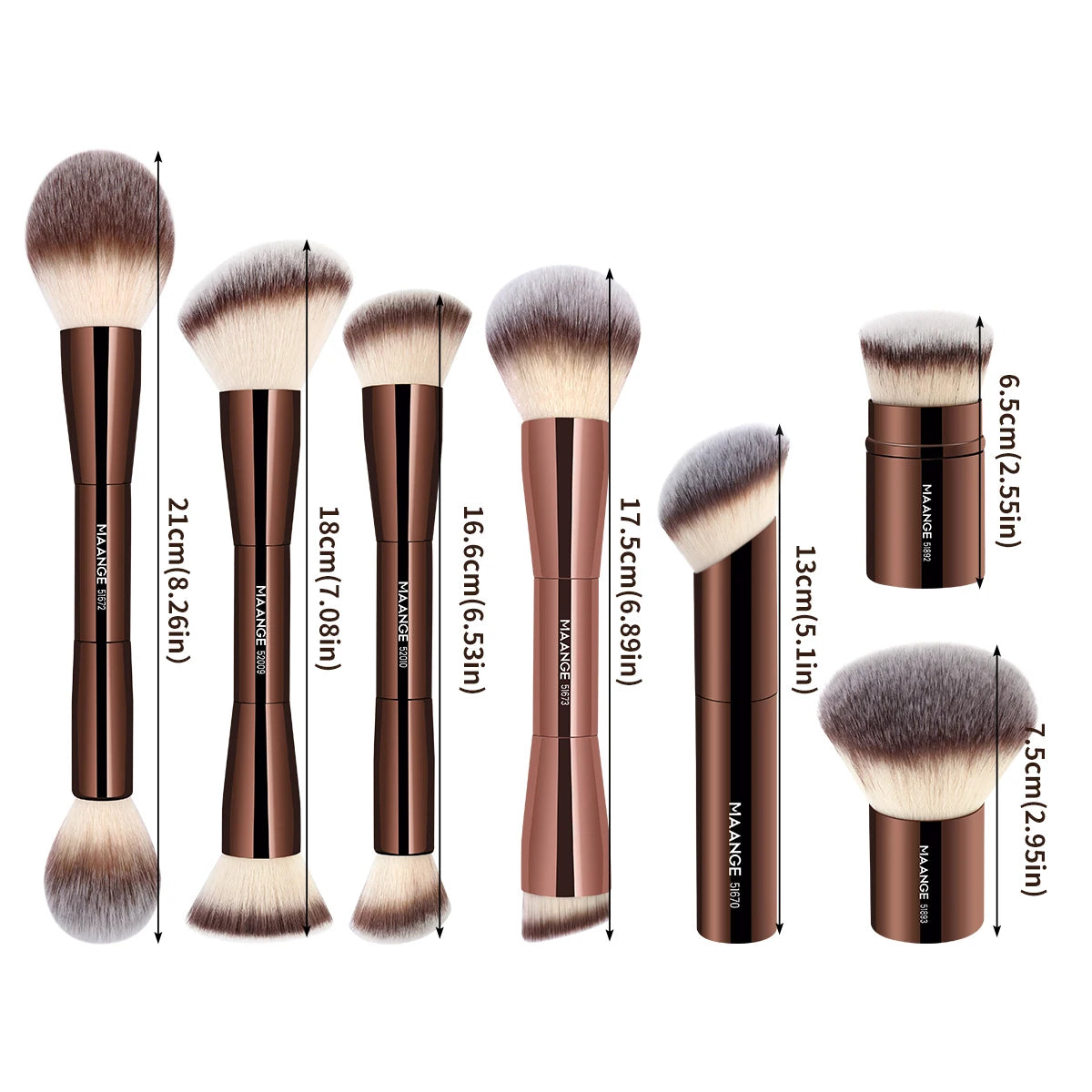 MAANGE Juego de 7 Brochas de Maquillaje Profesionales | Para Base, Polvos, Rubor, Contorno, Con Doble Punta, Color Marrón Café, Acabado Suave y Preciso