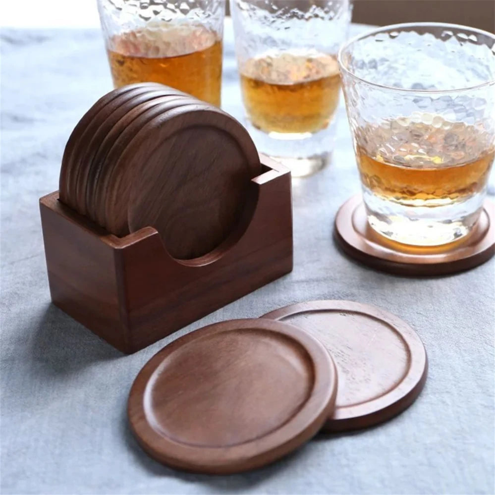 Set de Portavasos de Madera Nogal | Diseño Minimalista y Elegante (6 piezas)