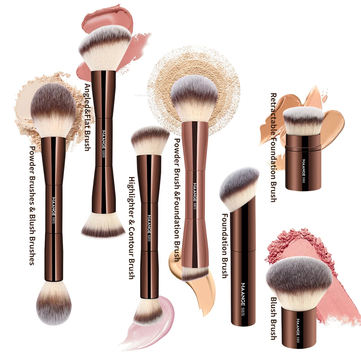 MAANGE Juego de 7 Brochas de Maquillaje Profesionales | Para Base, Polvos, Rubor, Contorno, Con Doble Punta, Color Marrón Café, Acabado Suave y Preciso